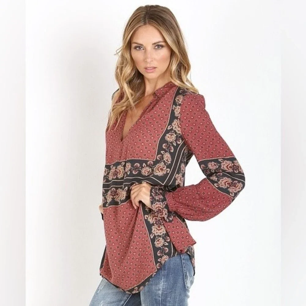 Free People Floral Dobby Changing Times Tunic Brick Combo Blouse Shirt Size XS